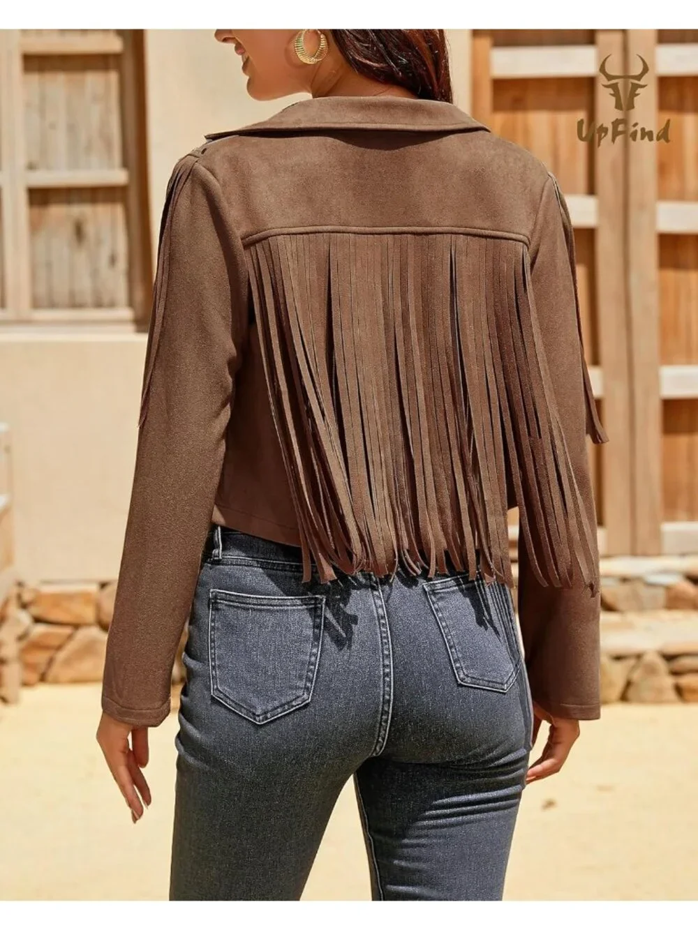 Women's Dark Brown Fringe Faux Suede Leather Jackets Fashion Western Tassel Coat